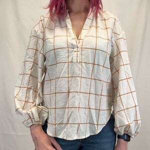 A New Day Plaid Peasant Blouse Balloon Sleeve Ivory Yellow Women’s M